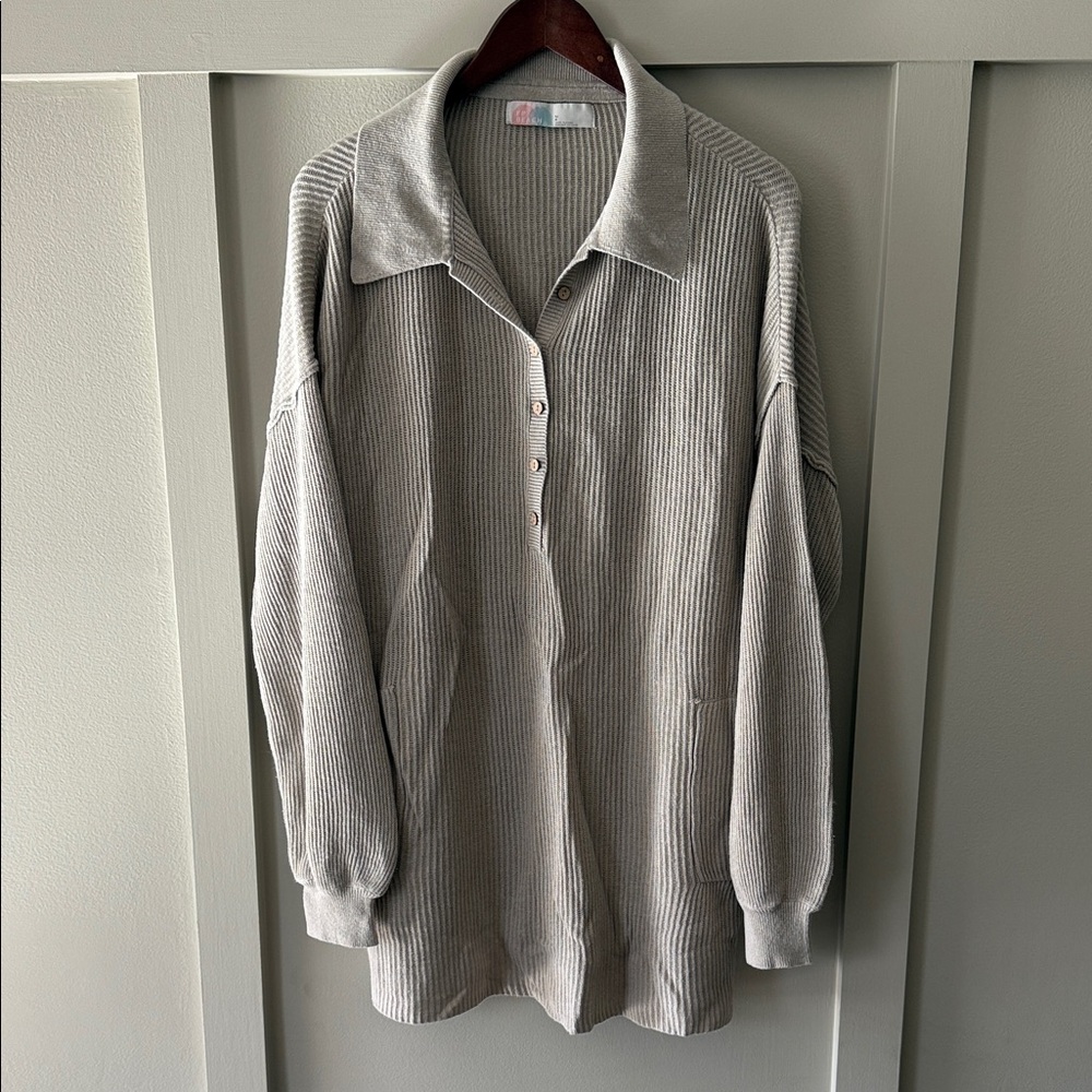 Free People Beach Picnic Sage Gray Ribbed Button-Up Sweater Mini Dress NWOT